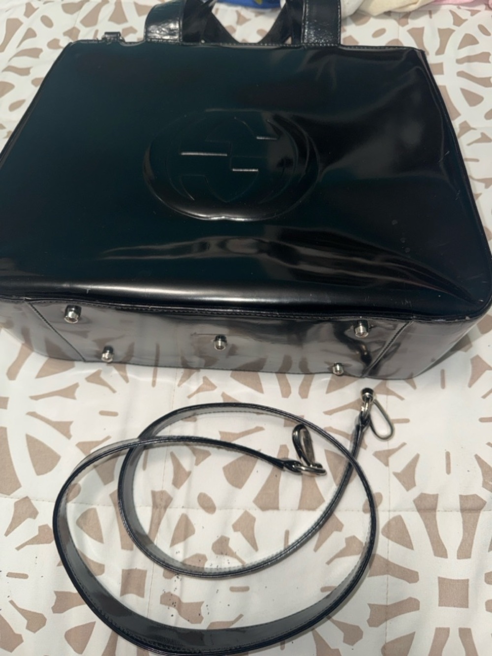 Gucci Black Patent Leather Embossed Logo Satchel - Picture 2 of 5